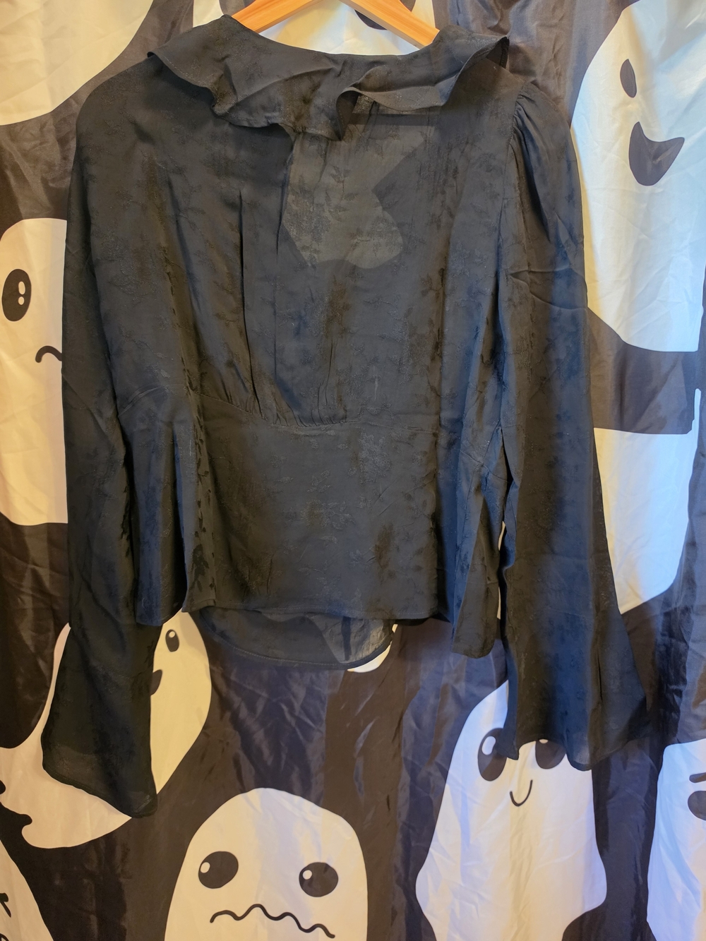 LOFT Black Ruffle-Front Tie Blouse - Picture 3 of 4